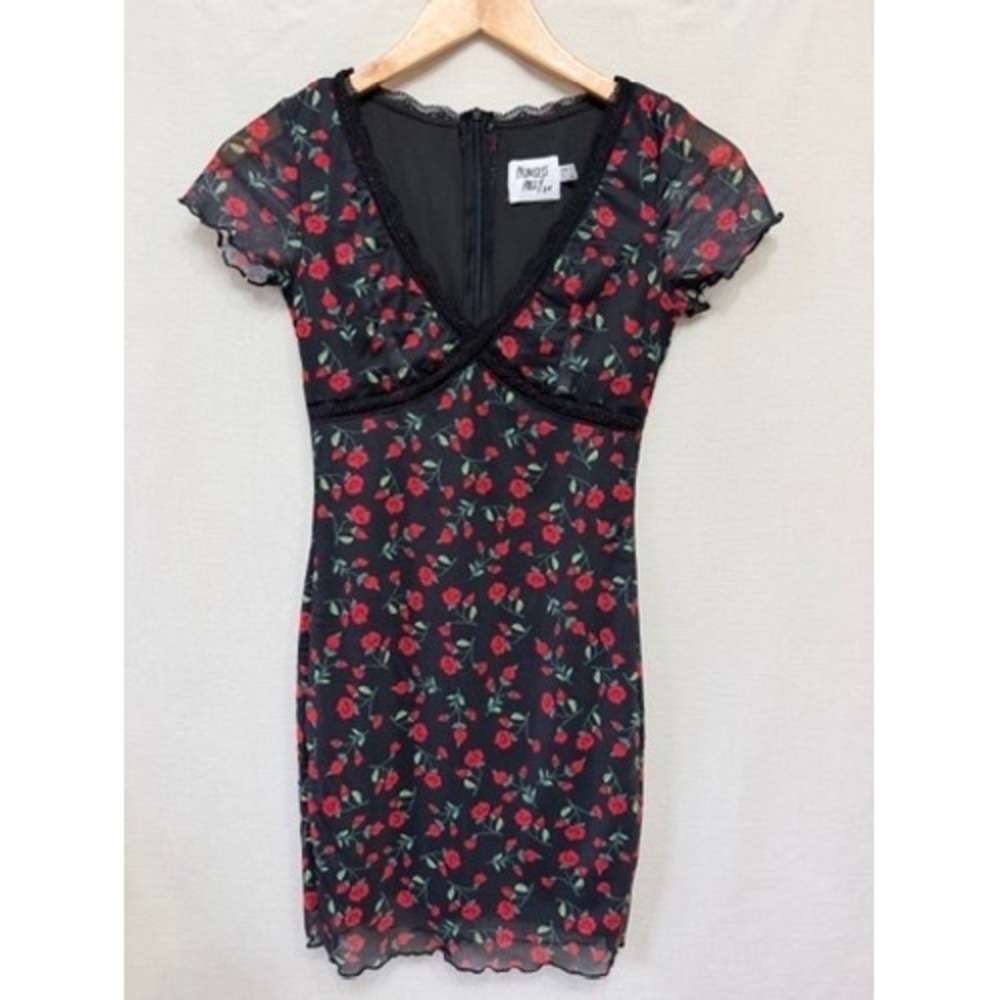 Princess Polly Black Red Rose Floral Mesh Mini Dress US 2 Coquette Y2K